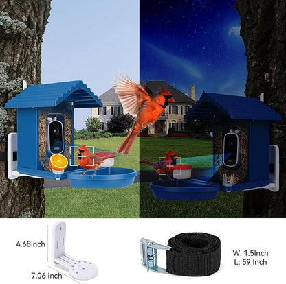 Bird Feeder with Camera Solar Powered, 2.5K HD Video Bird House Live View, Smart AI Bird Species Identification for Outside Garden,Birds Bath,Ideal Gift for Birds Lover (Blue)