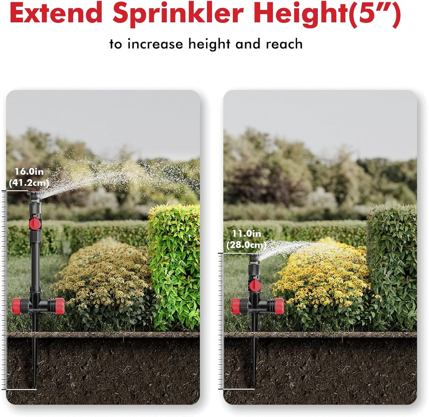 RESTMO Flexible Sprinkler System with Metal Spike Base, Above Ground DIY Irrigation Kit, Multi-Adjustable Lawn Sprinkler Set, Ideal for Plant and Flower Bed Watering, Red (Garden Hose Not Included)
