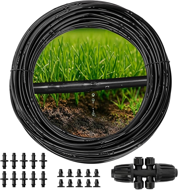 MIXC 1/4" Irrigation Dripline Tubing (100 Ft Roll) with 6" Emitter Spacing - 1/4" Drip Irrigation Fittings Included (Black)