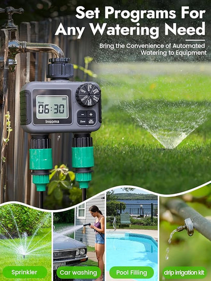 Insoma 2-Zone Sprinkler Timer, Programmable Garden Hose Timer with Auto/Manual/Rain Delay Modes | Water-Saving Irrigation Controller for Lawn, Yard & Drip Systems | Waterproof Design & Easy Setup
