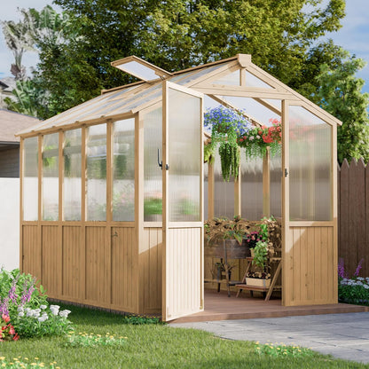 Restland 6x8 FT Wood Greenhouse for Outdoors Reinforced Frame Walk-in Greenhouses with Adjustable Roof Vents & Lockable Door Polycarbonate Green House for Outside