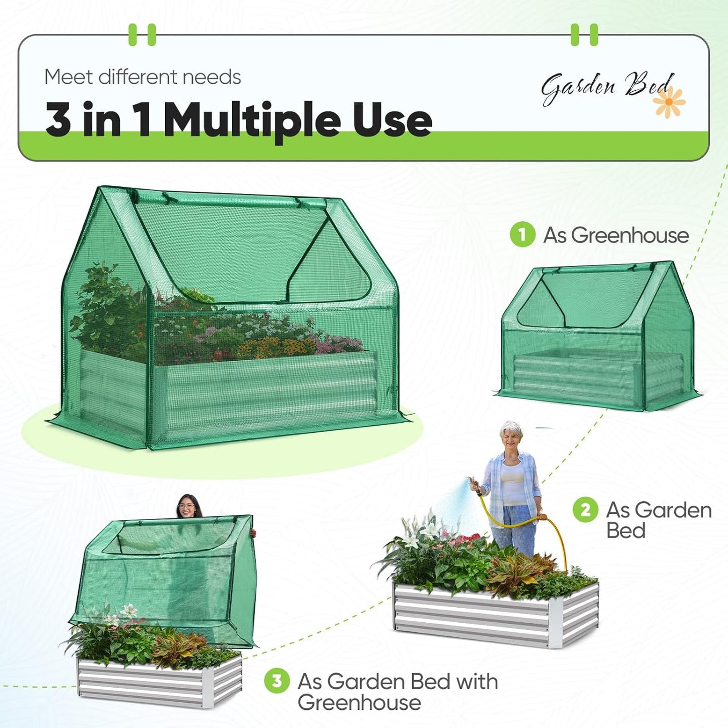 Quictent Raised Garden Bed with Cover Outdoor Galvanized Steel Planter Box Kit with Greenhouse Large Zipper Window Dual Use, 20pcs T-Type Tags & 1 Pair of Gloves Included 4x2.6x1 FT (Green)
