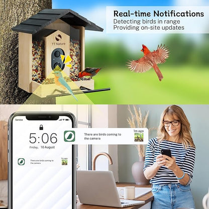 TT Nature Bird Feeder with Camera, Upgraded 1.5L Smart Bird Feeder with AI Identify for 10000+ Bird Species, Auto Capture Bird & Real-time Notifications, Ideal Gift for Bird Lover (Wooden Roof)