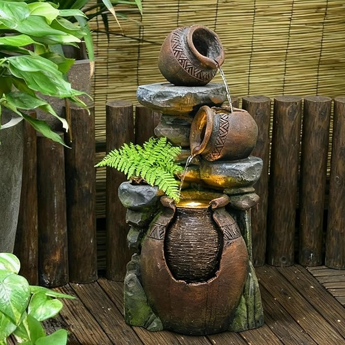 Outdoor Garden Water Fountain for Garden, Patio, Backyard, Deck, Porch and Home Art Decor, 3 Tiers Modern Cascading Outdoor Fountain with Lights 38.4" H