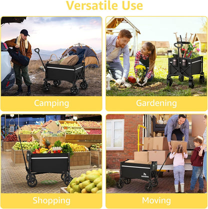 Collapsible Wagon Cart with Wheels Foldable - Folding Utility Heavy Duty Wagons Carts for Grocery Sports Garden Shopping Camping Wheelbarrows (Black, 90L)