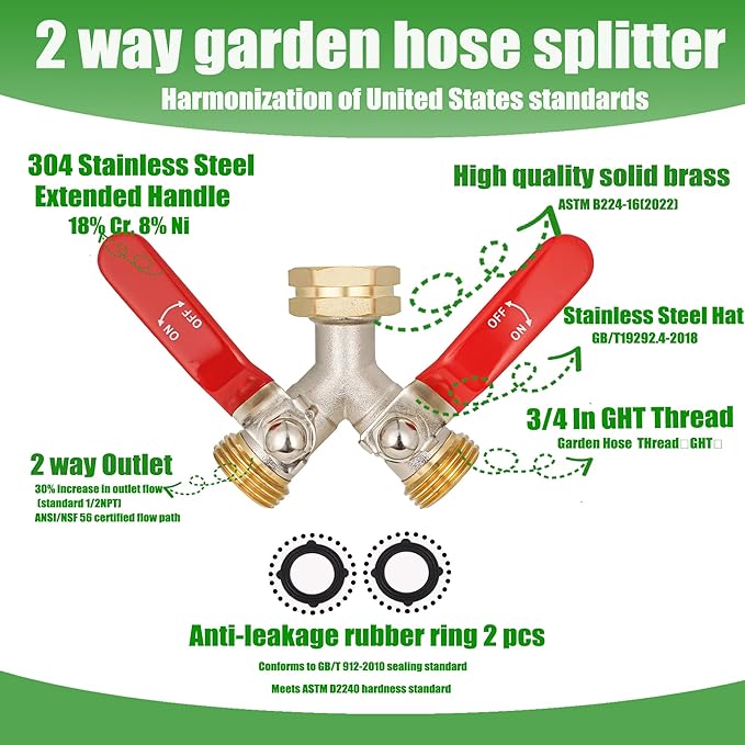 EJW Hose Splitter 2 Way, Heavy Duty Brass Garden Hose Splitter, Garden Hose Y-Valve Splitter, Full Flow Hose Splitter Connector, 3/4 Inch GHT Thread,Garden Hose Adapter 2 Way. longhand
