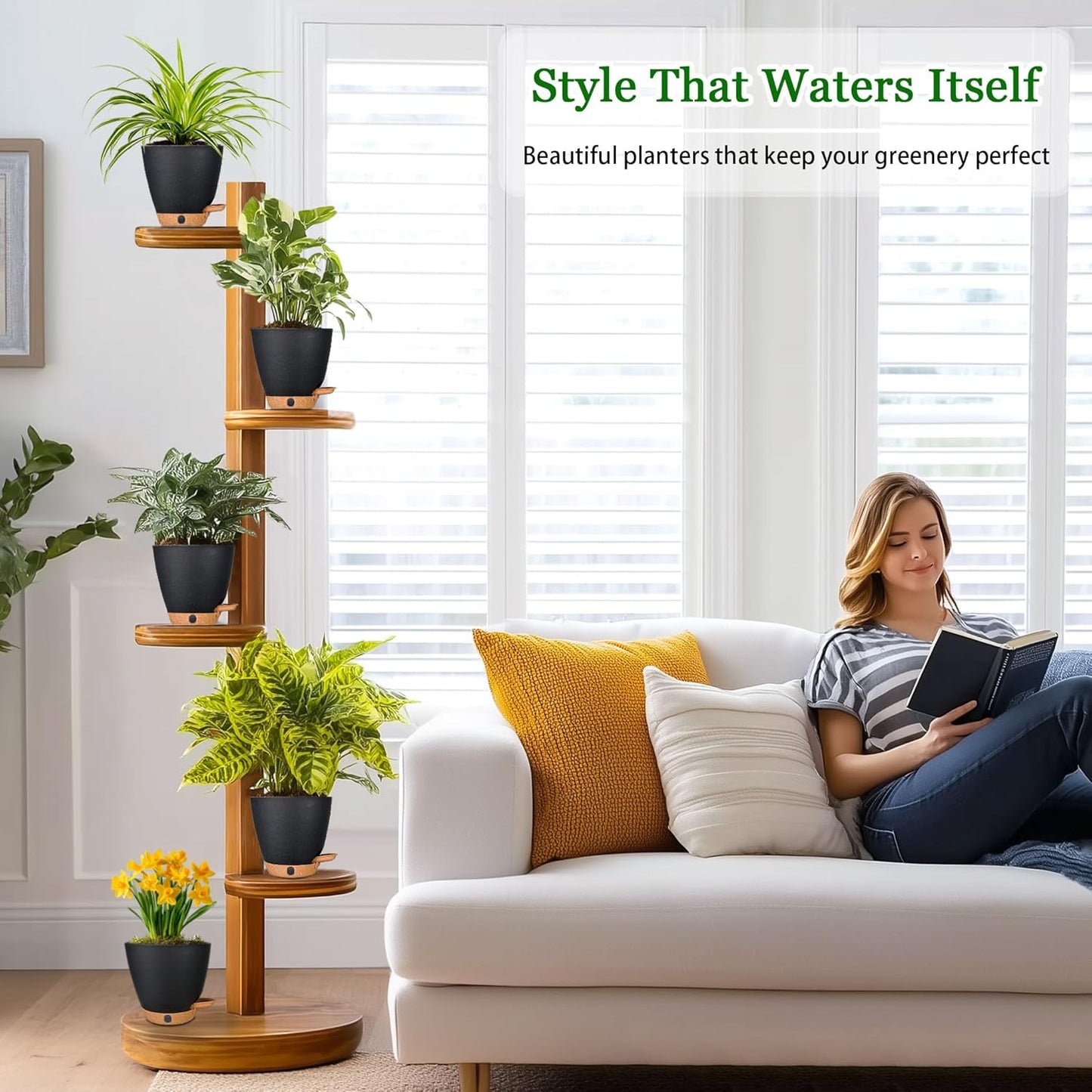 6 Inch Self Watering Pots for Indoor Plants (5-Pack) – Small Plastic Planters with Water Window, Drainage Holes & Trays, Indoor Outdoor Flower Pots for Herbs, Succulents, Home Garden Decor (Black)