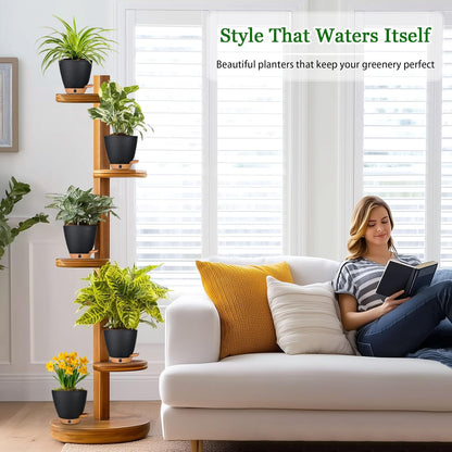 6 Inch Self Watering Pots for Indoor Plants (5-Pack) – Small Plastic Planters with Water Window, Drainage Holes & Trays, Indoor Outdoor Flower Pots for Herbs, Succulents, Home Garden Decor (Black)