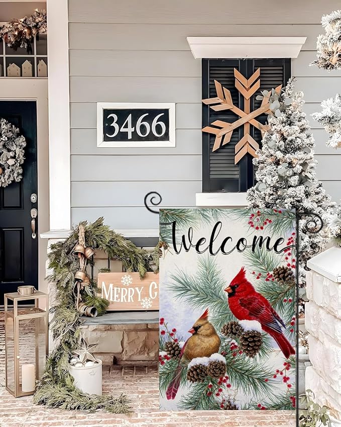 Welcome Christams Garden Flags for Outside Decoration, Cardinal Pine Twigs Berry Small Yard Flag, Seasonal Farmhouse Winter Xmas Holiday Outdoor Decor 12x18 Inch Vertical Double Sided
