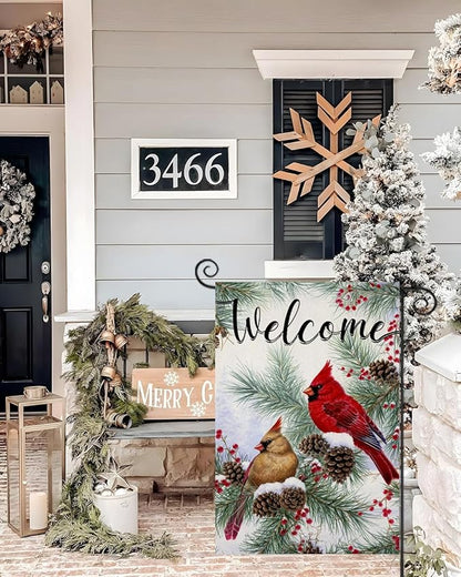 Welcome Christams Garden Flags for Outside Decoration, Cardinal Pine Twigs Berry Small Yard Flag, Seasonal Farmhouse Winter Xmas Holiday Outdoor Decor 12x18 Inch Vertical Double Sided