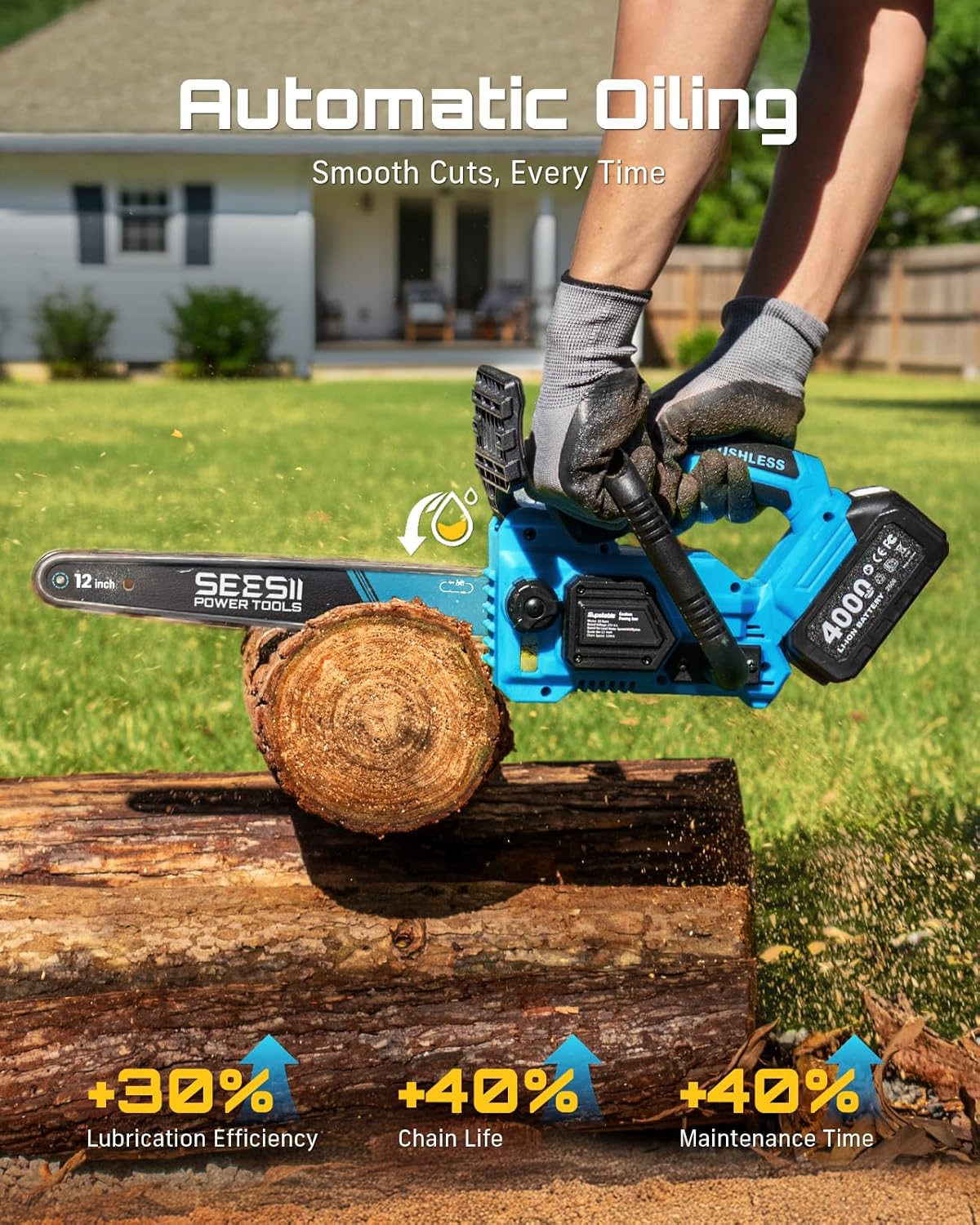 SEESII Electric Chainsaw Cordless 12-inch: Brushless Battery Powered Chainsaw, Includes 2 x 4.0Ah Batteries, Auto-Tension and Oiling Chain Saw for Dad Husband Father Day Gifts, Tree Cutting Trimming
