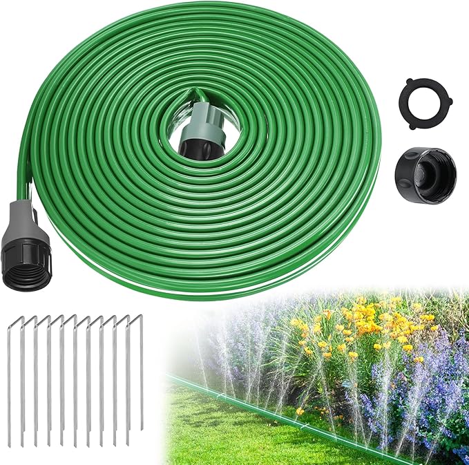 25ft Sprinkler Soaker Hose - Kink-free, Save Water, Flexible - Heavy Duty Three Tube Flat Watering Hose for Garden Yard Lawn Irrigation, With 10 Stakes