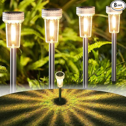 DERAYSION Solar Lights Outdoor, 8 Pack Solar Pathway Lights Waterproof Garden Lighting,Stainless Steel Pole Auto Dusk-to-Dawn Starburst for Path, Yard, Walkway, Driveway, Landscape(2700K Warm White)