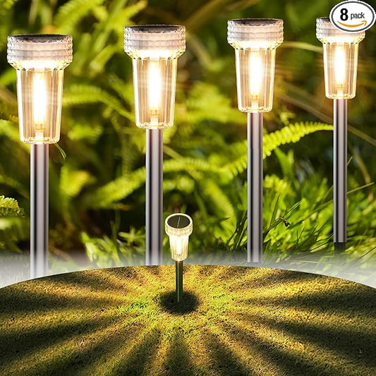 DERAYSION Solar Lights Outdoor, 8 Pack Solar Pathway Lights Waterproof Garden Lighting,Stainless Steel Pole Auto Dusk-to-Dawn Starburst for Path, Yard, Walkway, Driveway, Landscape(2700K Warm White)