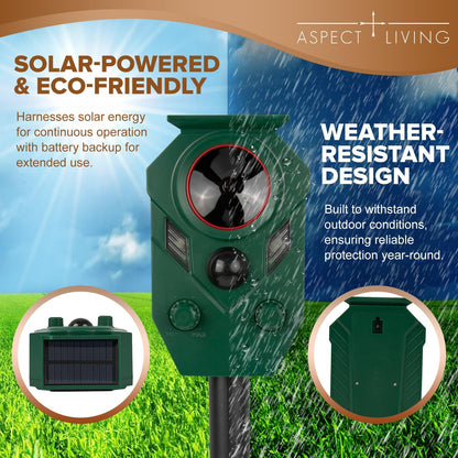 Solar Ultrasonic Animal Repeller Outdoor – Motion Sensor Activated Deer Repellent with Flashing Lights & Sound, IP65 Waterproof, Deterrent for Cats, Dogs, Raccoons, Skunks, Birds