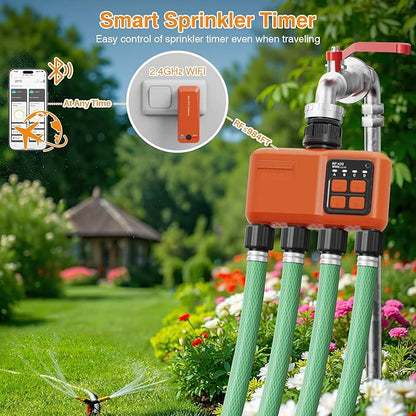 Smart WiFi Sprinkler Timer 4 Zone,WiFi Water Timer for Garden Hose with 984 FT Range,APP & Remote Control,Alexa & Google Voice Compatible,Rain Delay, Manual Mode Sprinkler System