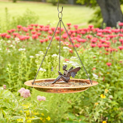 Good Directions Hanging Fired Copper Bird Bath with Fairy for Outside Backyard, Outdoor, Patio, Garden, Birdbath Gift for Bird Lovers Watchers, Large 18" Copper