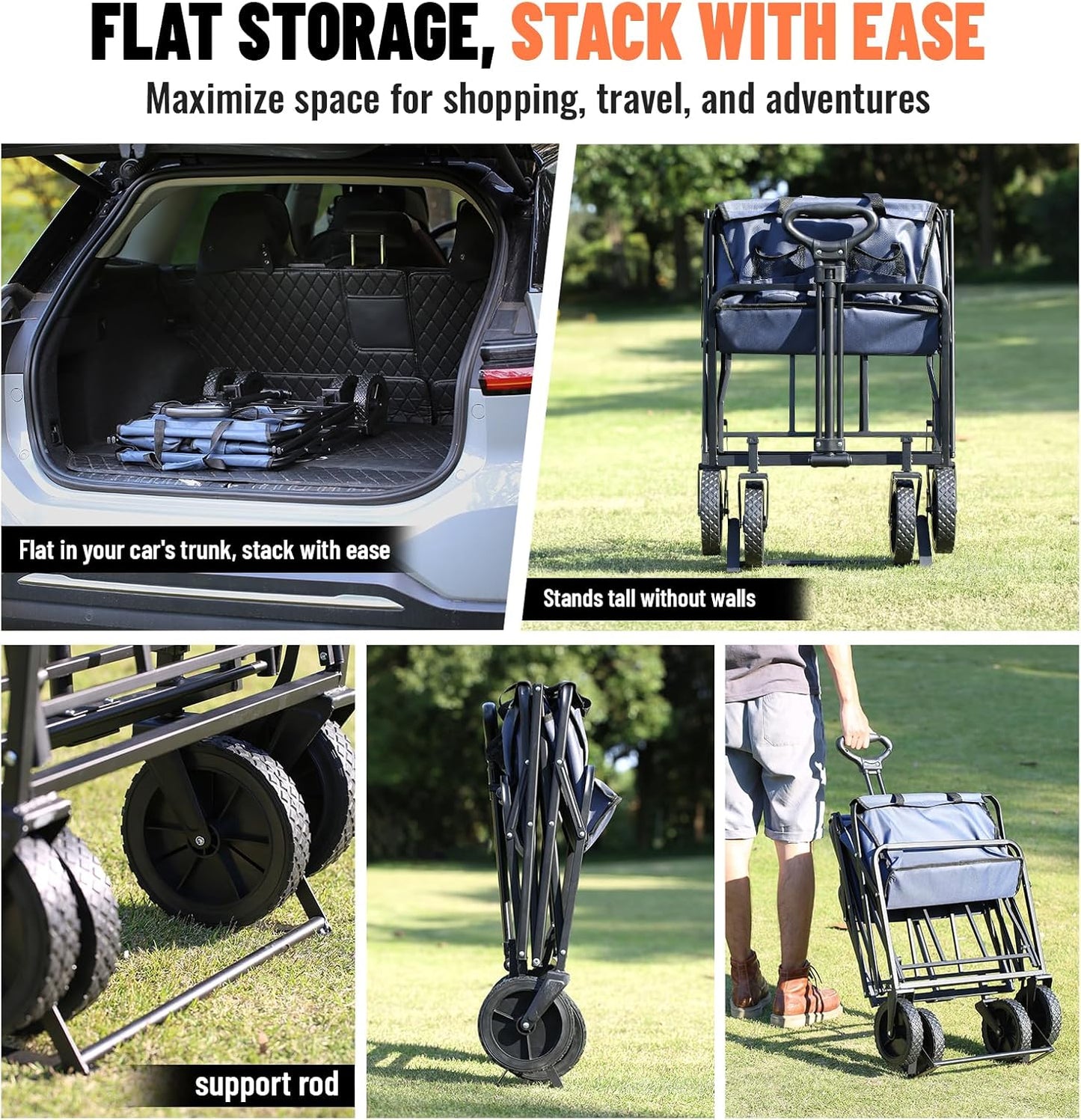 Collapsible Folding Wagon Cart, Heavy Duty 220Lbs Capacity Foldable Wagon, Outdoor Camping Grocery Portable Utility Cart, All Terrain Sports Beach Wagon