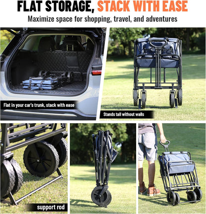 Collapsible Folding Wagon Cart, Heavy Duty 220Lbs Capacity Foldable Wagon, Outdoor Camping Grocery Portable Utility Cart, All Terrain Sports Beach Wagon