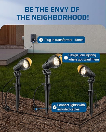 DEWENWILS 12V Landscape Lighting kit, 1x60W Transformer with Timer+8x3.2W Aluminum LED Low Voltage Landscape Spotlight Lights, 100FT Wire+8 Pack Connector for Patio Yard Garden
