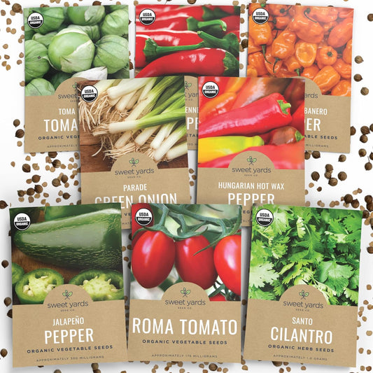 Organic Salsa Garden Seeds Variety Pack - 8 Individual Packs - 2025 Season - Cayenne Pepper, Roma Tomato, Cilantro and More! for Indoor & Outdoor Planting (Non-GMO, Certified Organic)