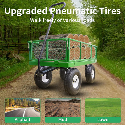 AAIN 400 lbs Metal Garden Cart,Heavy Duty Garden Wagon with Removable Steel Mesh Sides, Utility Yard Cart with 180° Rotating Handle and 10-inch Wheels—Perfect for Gardens, Farms, and Yards, Green