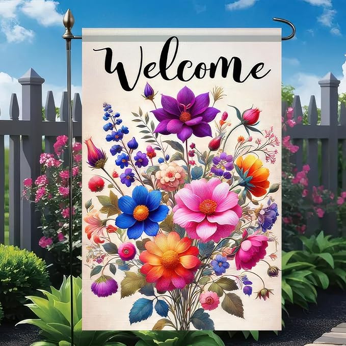Welcome Spring Garden Flag 12x18 Double Sided Small Floral Flower Garden Yard House Flags Outside Outdoor House Hello Spring Summer Decoration Wedding Anniversary Farmhouse Holiday