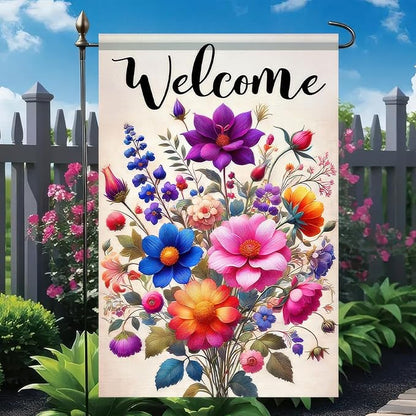 Welcome Spring Garden Flag 12x18 Double Sided Small Floral Flower Garden Yard House Flags Outside Outdoor House Hello Spring Summer Decoration Wedding Anniversary Farmhouse Holiday