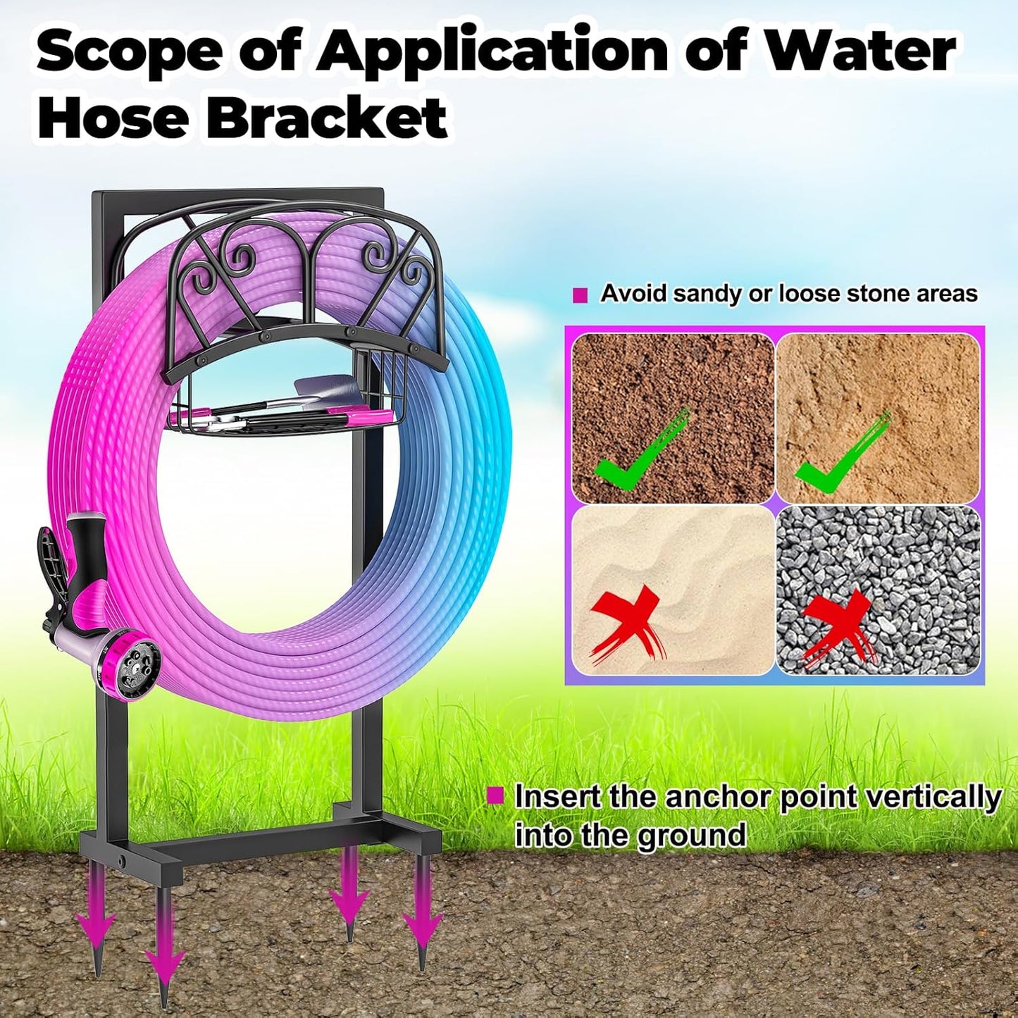 Garden Hose Holder, 4 Spikes Freestanding Water Hose Holder Reels, Heavy Duty Detachable Hose Stand with Storage Basket for Outside Yard Lawn (A-4 Spikes)