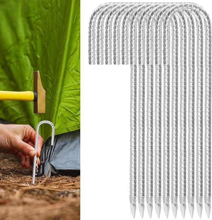 Rebar Stakes 16inx10mm Galvanized J Hook 10pcs – Heavy Duty Ground Tent Stakes for Fence,Bounce House,Outdoor Plants,Artificial Turf,Dog Coop,Metal Stakes for Christmas Decorations