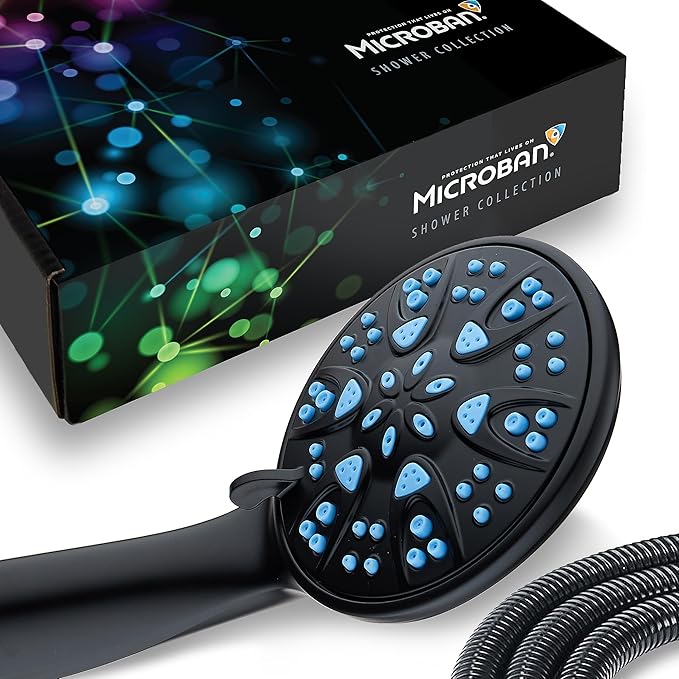 AquaDance Antimicrobial/Anti-Clog High-Pressure 6-Setting Hand with with Microban Nozzle Protection from Growth of Mold, Mildew & Bacteria for Stronger Shower! Aqua Blue Jets – 1.8 GPM