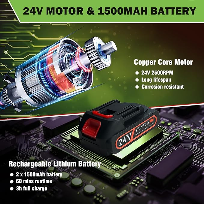 Cordless Hedge Trimmer & Grass Shears -24V Electric Shrub Trimmer Grass Shears Handheld Grass Cutter, Hedge Shear with 2 PCS Rechargeable Battery, Charger and Toolbox to for Garden, Lawn,Green