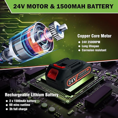 Cordless Hedge Trimmer & Grass Shears -24V Electric Shrub Trimmer Grass Shears Handheld Grass Cutter, Hedge Shear with 2 PCS Rechargeable Battery, Charger and Toolbox to for Garden, Lawn,Green