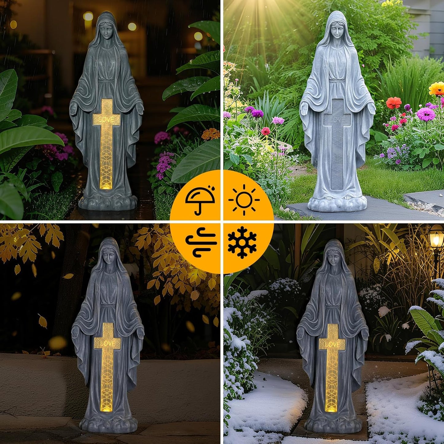 Solar Virgin Mary Praying Statue 27.9 Inch- Outdoor Religious Garden Decor with LED Lights, Weather-Resistant Magnesium Oxide Sculpture for Yard, Patio, Entryway （Gray Solar Virgin Mary）