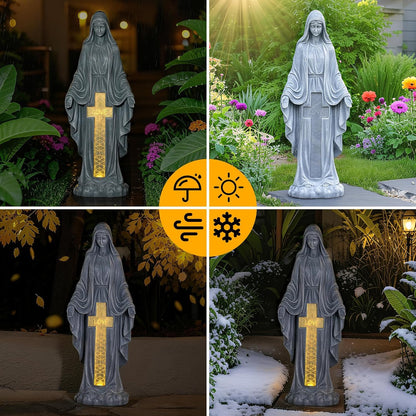 Solar Virgin Mary Praying Statue 27.9 Inch- Outdoor Religious Garden Decor with LED Lights, Weather-Resistant Magnesium Oxide Sculpture for Yard, Patio, Entryway （Gray Solar Virgin Mary）