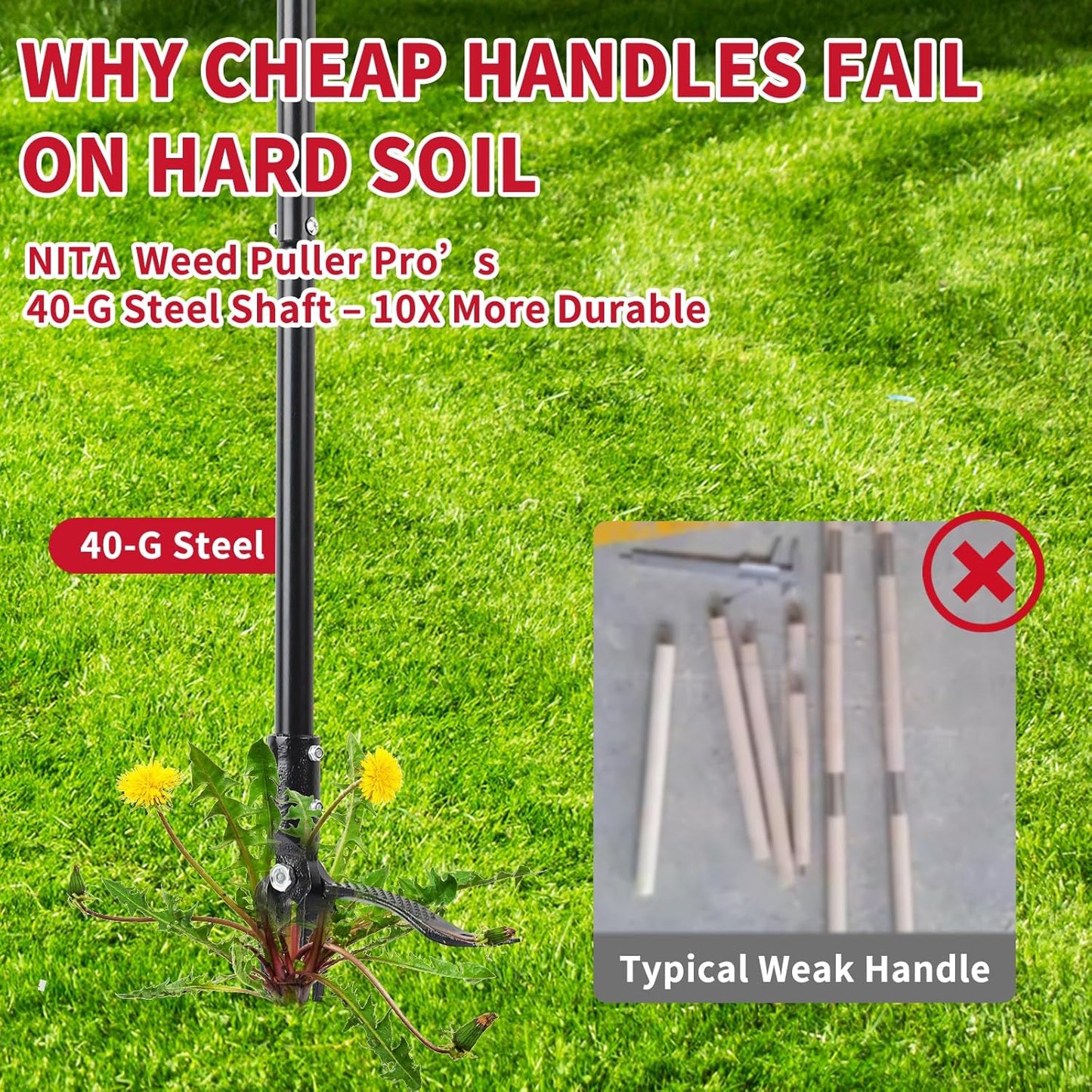 Pro Weed Puller, Heavy-Duty Stand-Up Weed Puller Tool with 45-G Steel Shaft & 2.7" 4-Claw Design - Adjustable 45" Long Handle, Foot Pedal, Effortless Root Removal without Pulling,Bending,Kneeling