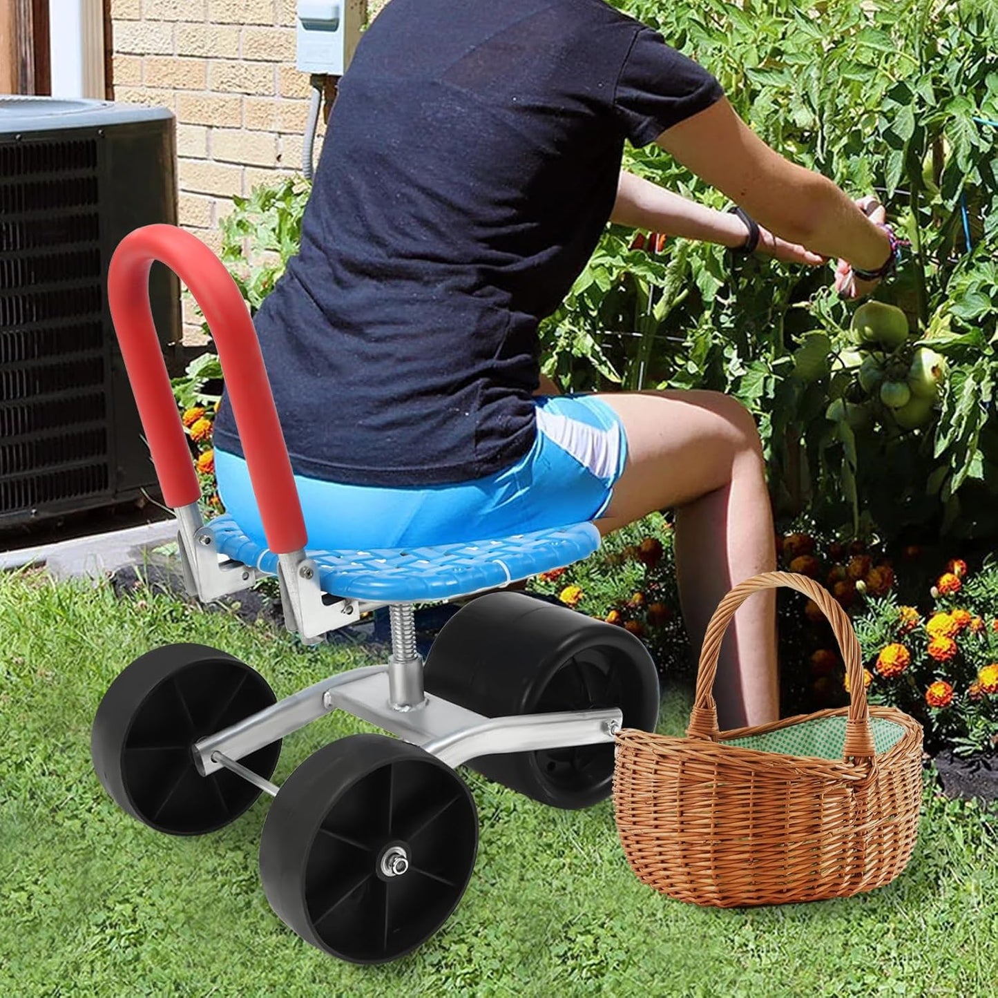 Garden Cart Rolling Stool Work Seat, 360° Rotatable 150KG / 330.69 lbs Rolling Garden Seat Gardenn Cart Rolling Bench with Wheels, for Patio Yard Orchard Farmland
