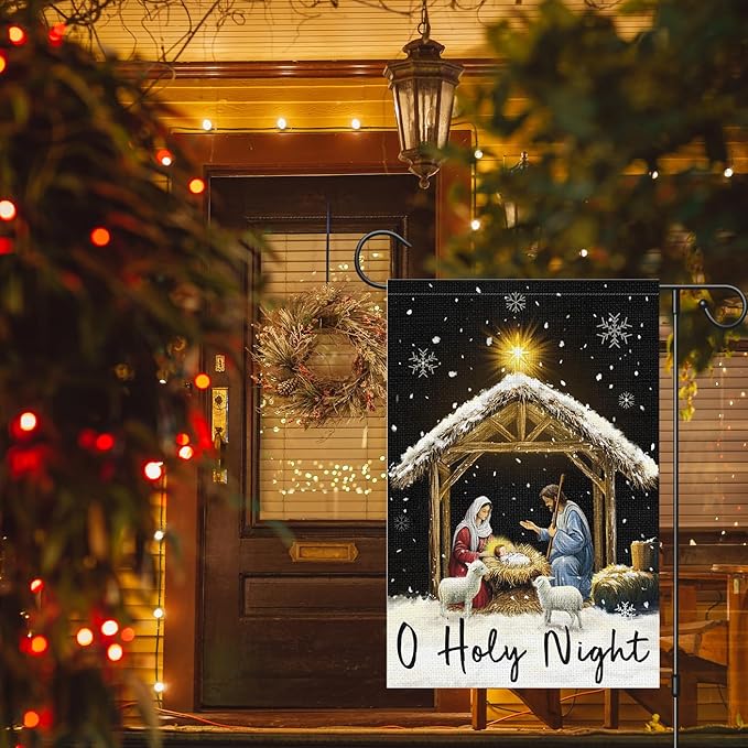 Louise Maelys Christmas O Holy Night Nativity Garden Flag 12x18 Inch Double Sided Xmas Small Burlap Welcome Winter Holiday Christian Yard Outdoor Outside House Decoration