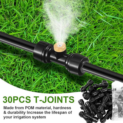 30 Pcs 1/4" Drip Irrigation Tee Connectors for Tube Quick Connect Parts Fittings for 1/4 Inch(6.35mm) Irrigation Tubing or Sprinkler(Black,Misting Nozzle)