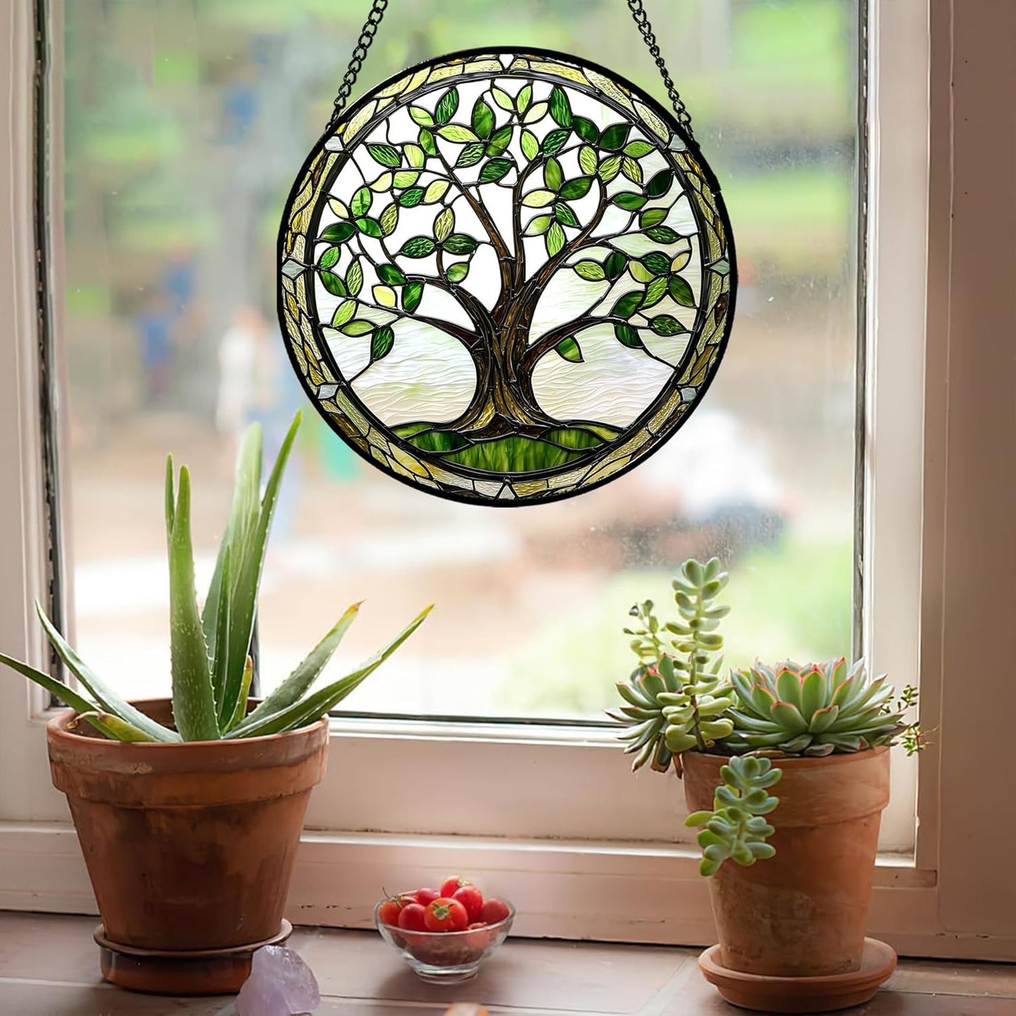 Stained Glass Window Hanging - Brown Tree Trunk Green Leaves Sun Catcher for Door Garden Home Decor Plant Suncatcher Christmas Mother's Day Birthday Gifts for Women Men Mom Nana 7.8 in