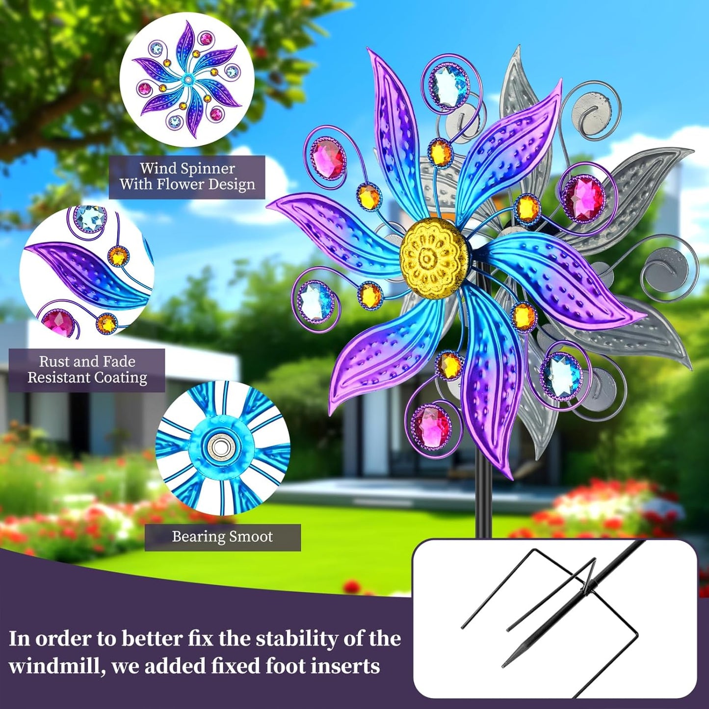 Metal Wind Spinner Outdoor, Purple Flowers Wind Sculpture Spinners with Metal Stake, Yard Art Decor for Patio, Lawn & Garden, Creative Gifts 57.5 * 13.3 Inch