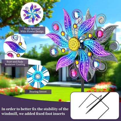Metal Wind Spinner Outdoor, Purple Flowers Wind Sculpture Spinners with Metal Stake, Yard Art Decor for Patio, Lawn & Garden, Creative Gifts 57.5 * 13.3 Inch