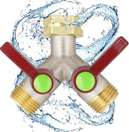 EJW Y-Valve Garden Hose Faucet Splitter, 3/4” GHT Threads,Outdoor Faucet Splitter, Brass High Flow, Garden Hose Y-Splitter 2-Way,Y-Valve Full Flow Hose Splitter,Garden Hose Splitter 2-Way Heavy Duty.
