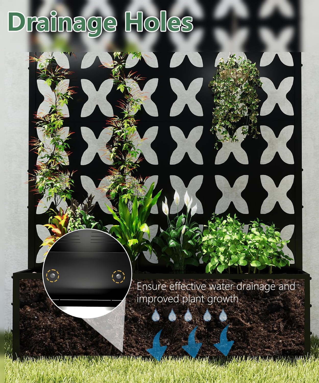 2PCS Metal Planter Box with Trellis,70.9"x47.2"x15.7" Raised Garden Bed with Drainage Holes, Privacy Planters for Outdoor Garden Bed for Climbing Plants,Vegetables,and Vines, Black-X