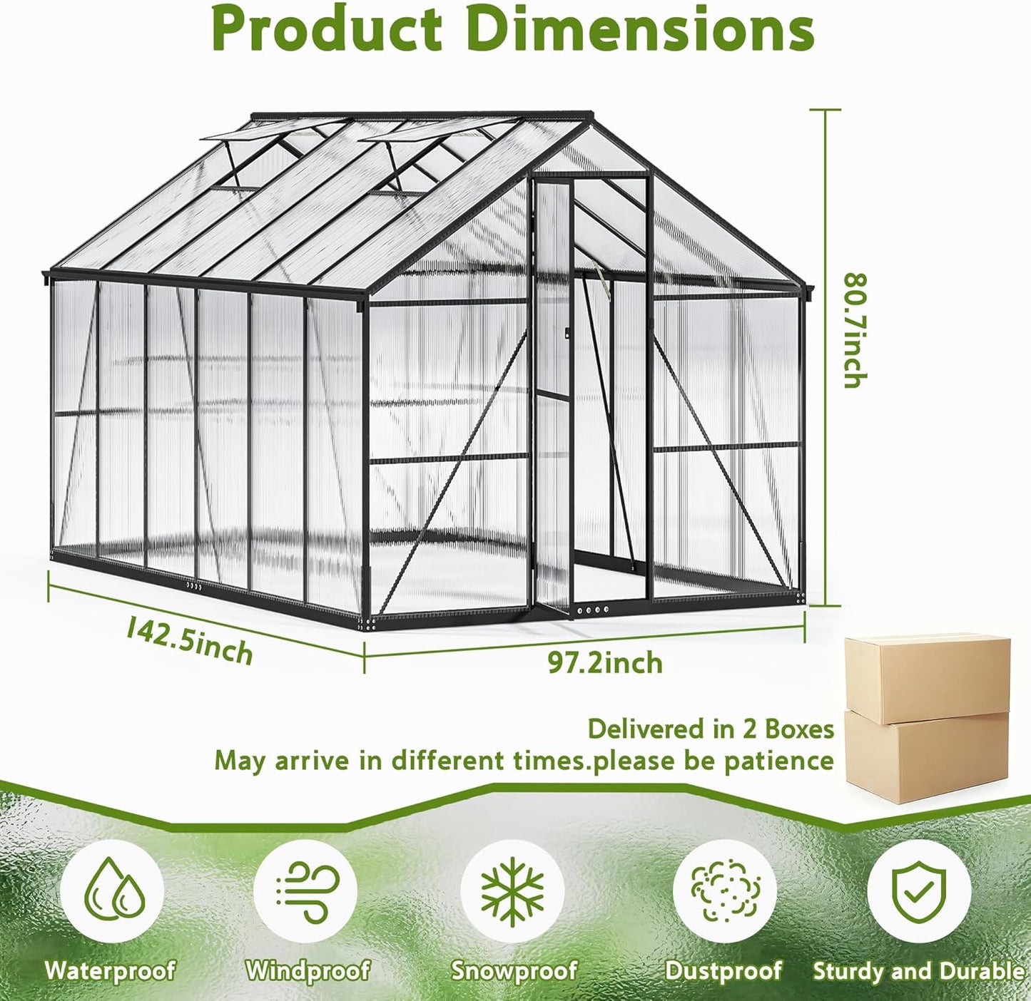 Wanan 12x8FT Greenhouses for Outdoors, Quick Assembly Polycarbonate Green House with UV Protection, Heavy Duty Windproof Aluminum Frame, Adjustable Roof Vent for Backyard or Outdoor Garden Use