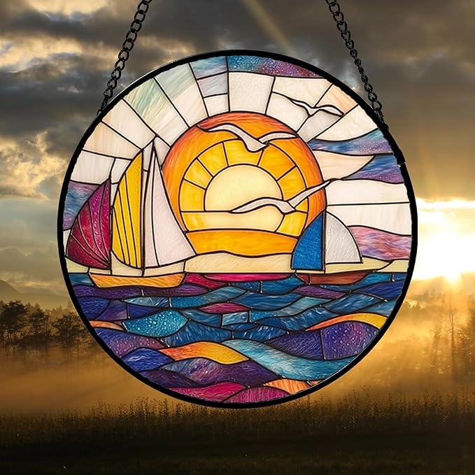 Stained Glass Window Hanging, Sailboat and Waves Suncatcher Diamond Glass Panel Hangings Sun Catchers Decor for Birthday for Women, Men, Wife, Aunt, and Mom 14.9x14.9 in