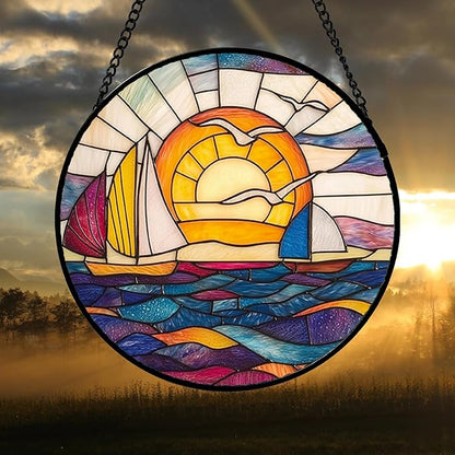 Stained Glass Window Hanging, Sailboat and Waves Suncatcher Diamond Glass Panel Hangings Sun Catchers Decor for Birthday for Women, Men, Wife, Aunt, and Mom 14.9x14.9 in