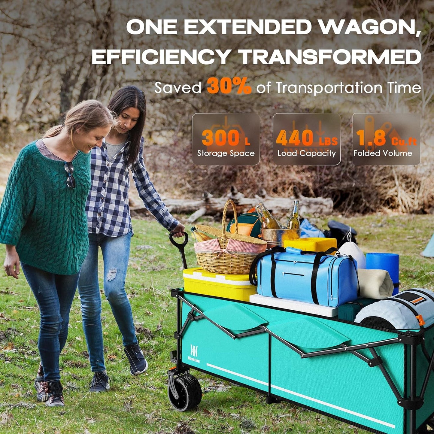 Navatiee 300L Collapsible Wagon Cart Foldable Extra Large, 48''L Folding Extended Beach Wagon with 440LBS Weight Capacity and Big All-Terrain Wheels, Heavy Duty Utility Garden Cart for Sports Outdoor