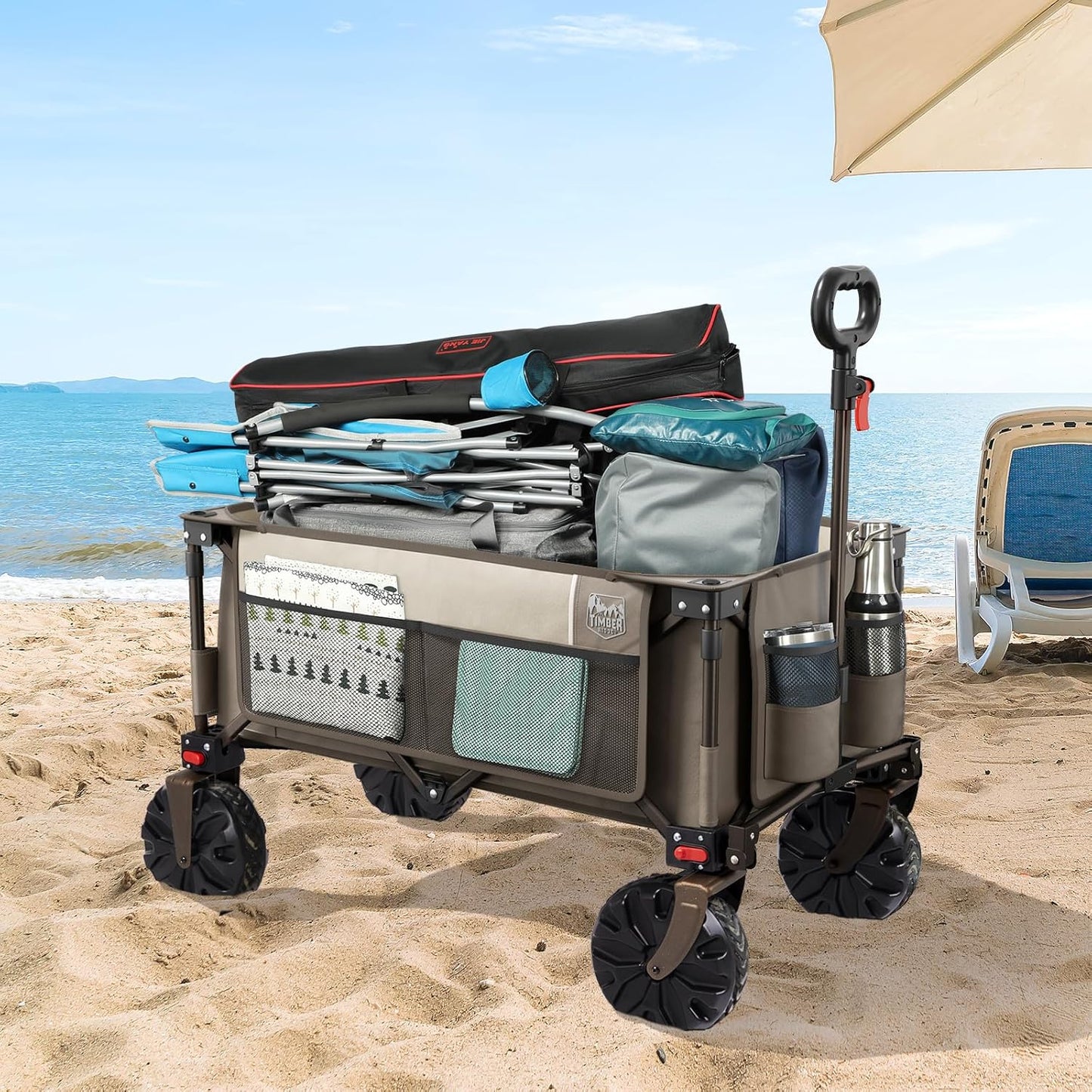 Timber Ridge Outdoor Collapsible Wagon Utility Folding Cart Heavy Duty All Terrain Wheels for Shopping Camping Garden with Side Bag and Cup Holders,Tan