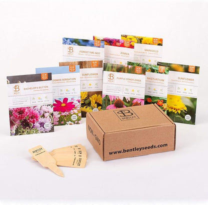 Seed Starter Kit – Flowers | Non-GMO | Heirloom Seed Packets | Natural Wood Row Markers